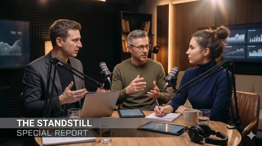 Three people seated around a podcast recording table with microphones, a laptop, and notes, discussing a special report titled The Standstill.