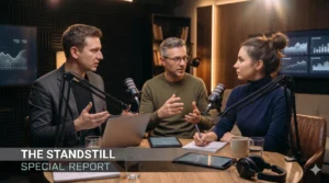 Three people seated around a podcast recording table with microphones, a laptop, and notes, discussing a special report titled The Standstill.