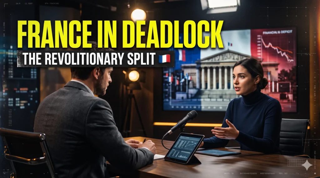 A studio setting with a male host on the left and a female senior policy analyst on the right seated at a table across from each other, featuring large screens displaying financial charts and French architectural imagery in the background,